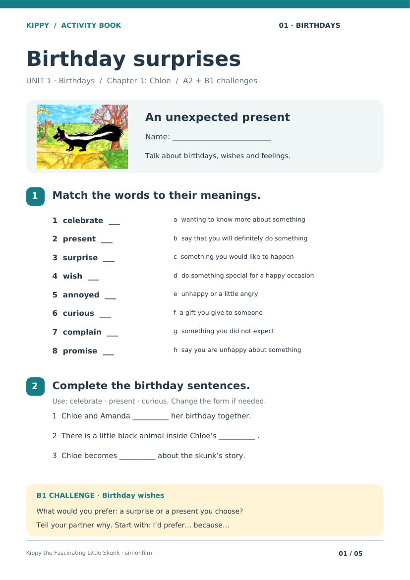 Kippy Activity Book, Unit 1: Birthdays